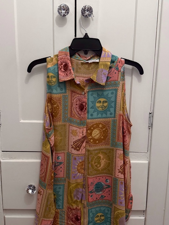 Rose & Olive Tops - Rose & Olive Multicolor Celestial Print Sleeveless Button-Up Top